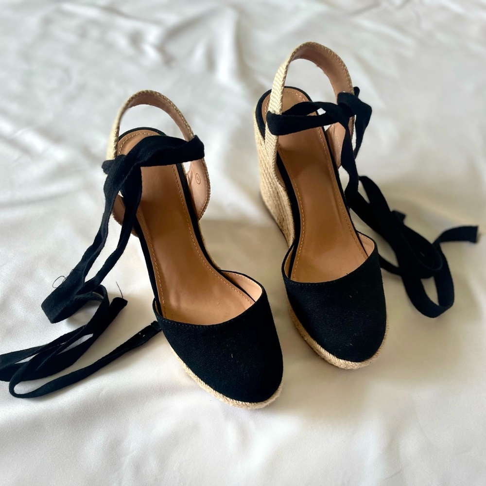 Black lace up espadrille wedges